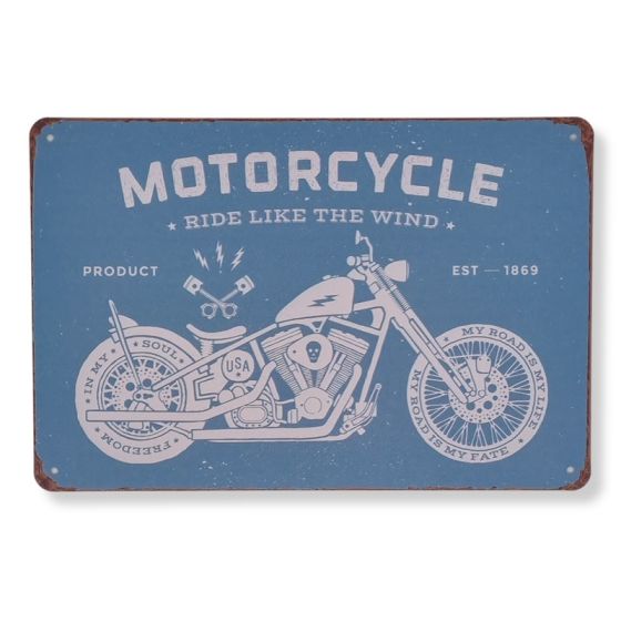 Motorcycle - ride like the wind skilt. Flot retro blikskilt med motorcykel.