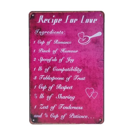 Recipe for love metal skilt - blikskilt om kærlighed