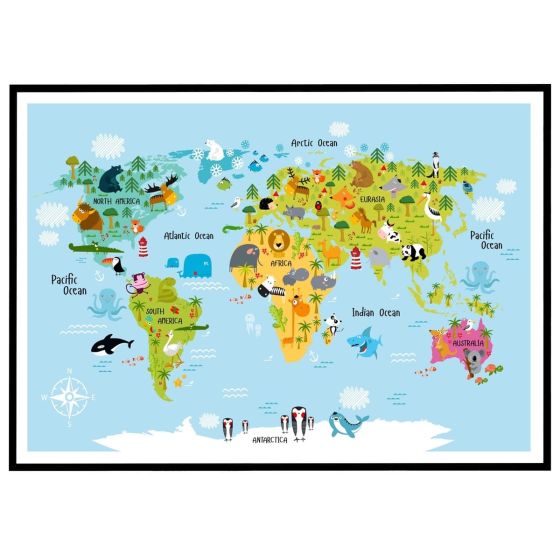 Verdenskort med klodens dyr billede - Flot print til boligen