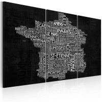 Text map of France on the black background - 3-delt canvas print - flot billede på lærred